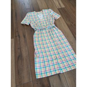 Vintage 80s Periwinkle Plaid Midi Dress Belted Career Cottagecore USA‎